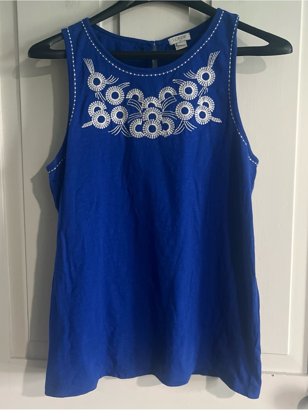 J. Crew Blue Sleeveless Tank with White Floral Embroidery